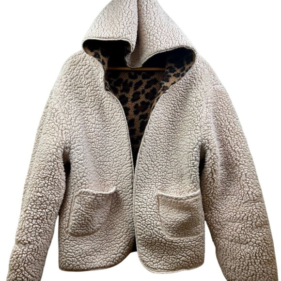 Love Tree Reversible Sherpa Teddy Jacket Womens L Leopard Print Cozy Hooded Coat - Picture 3 of 11